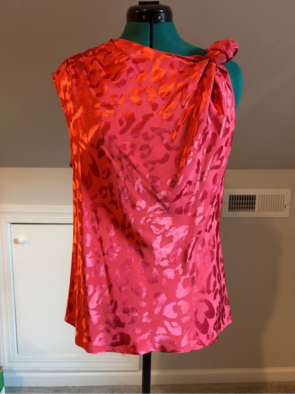 FARM Rio Coral Red Satin Leopard-Print One-Shoulder Knot Top